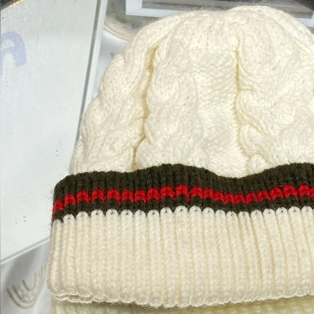 Cream Knit Beanie with Green and Red Stripe